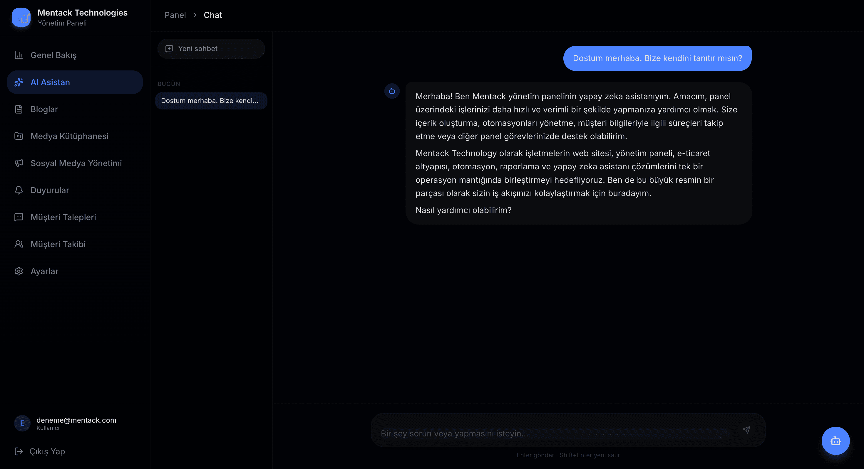 Mentack Assistant yapay zeka sohbet ekranı