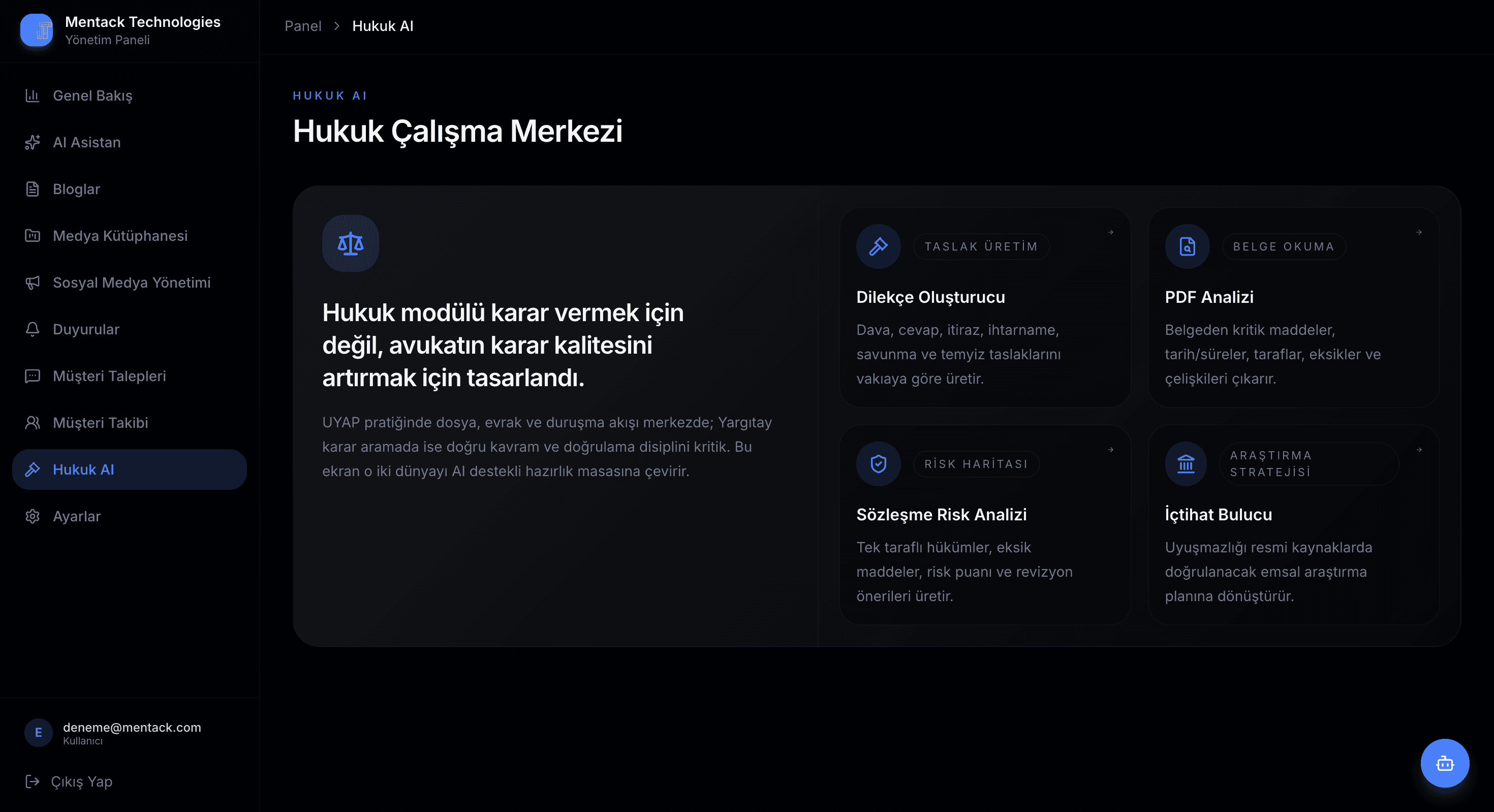 Mentack Hukuk AI çalışma merkezi