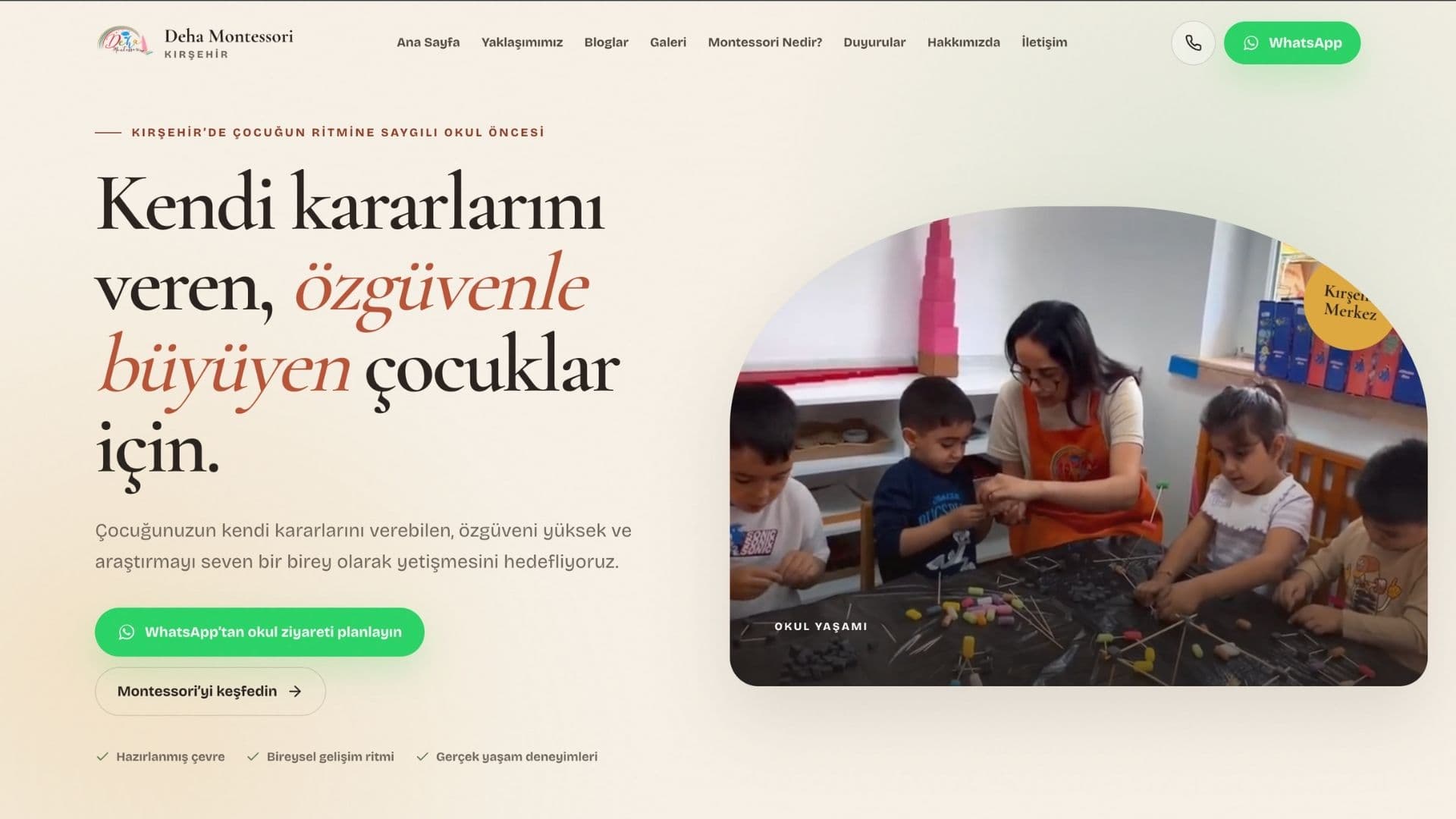 Deha Montessori kurumsal web sitesi ana sayfası