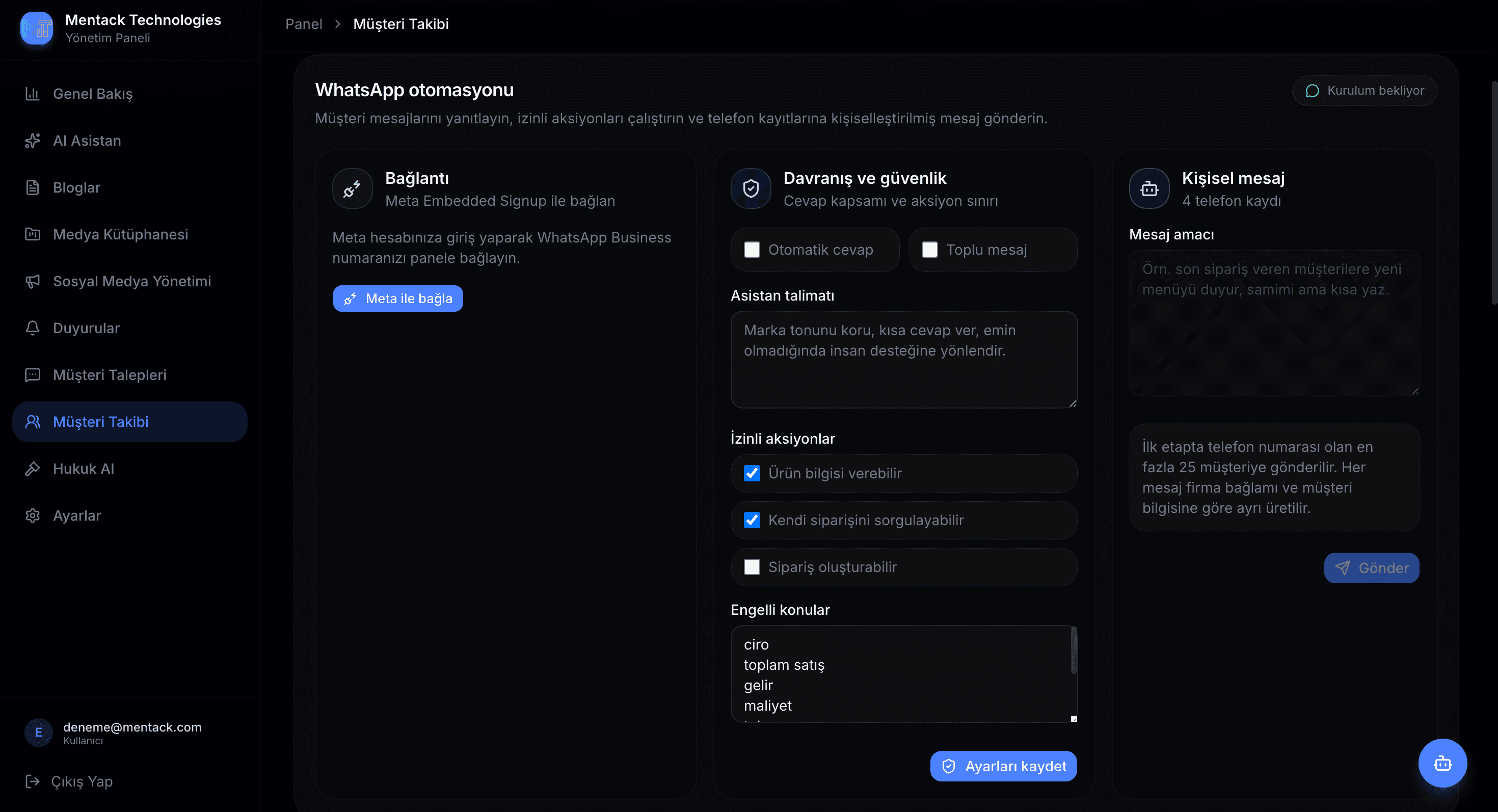Mentack panel WhatsApp otomasyonu ve müşteri takibi ekranı