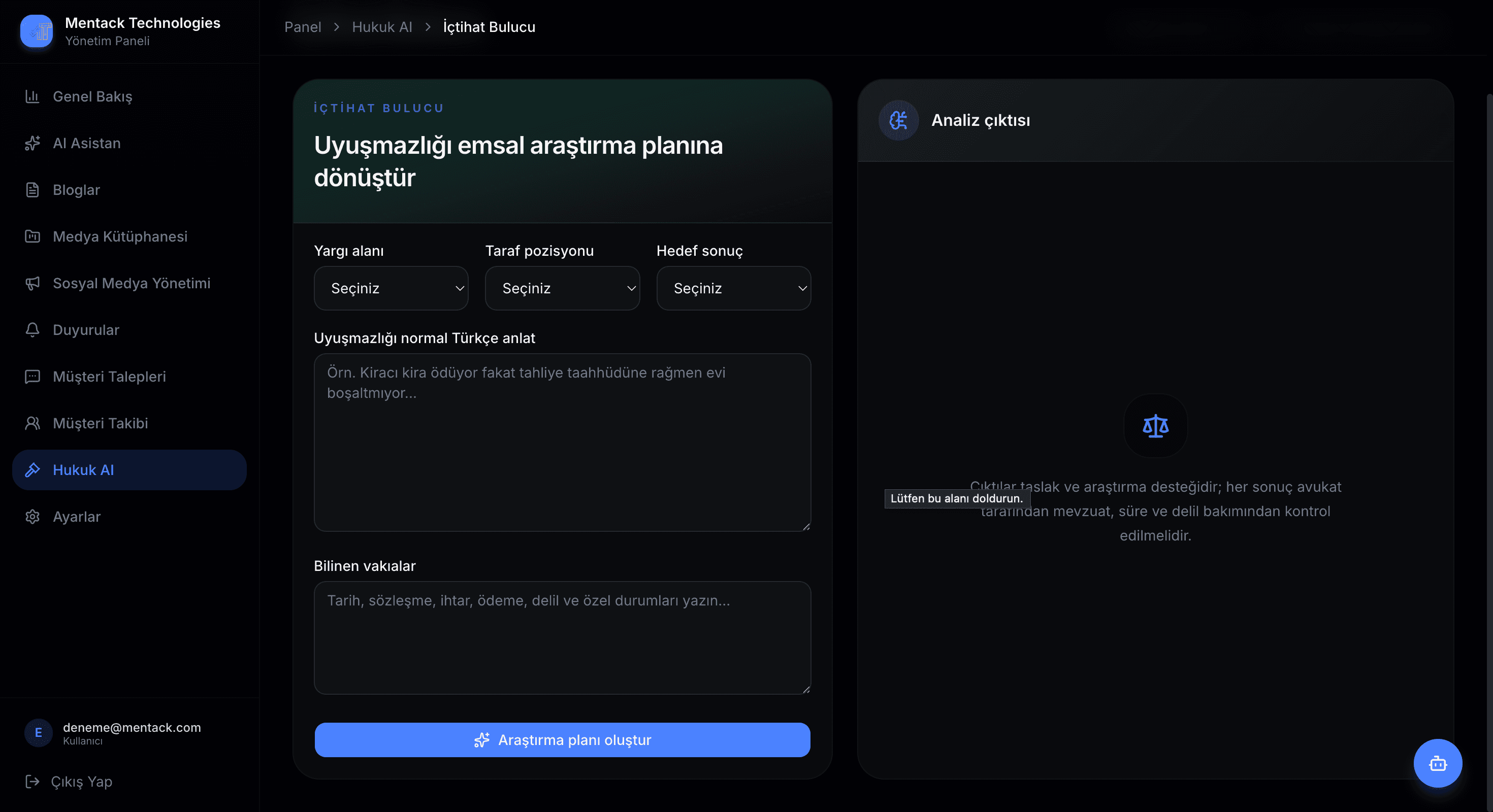 Hukuk AI içtihat araştırma planı ekranı