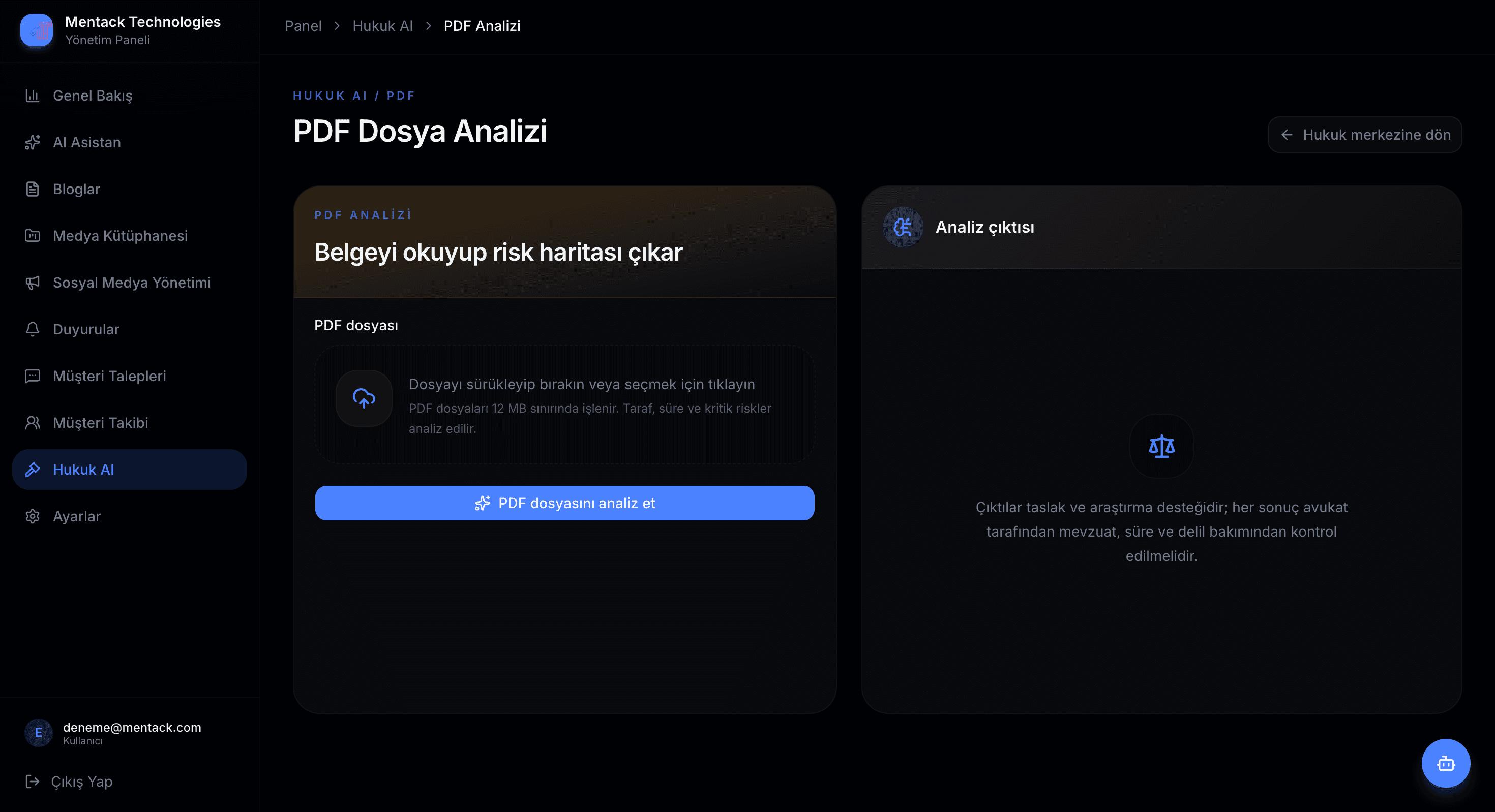 Hukuk AI PDF dosya analizi ekranı